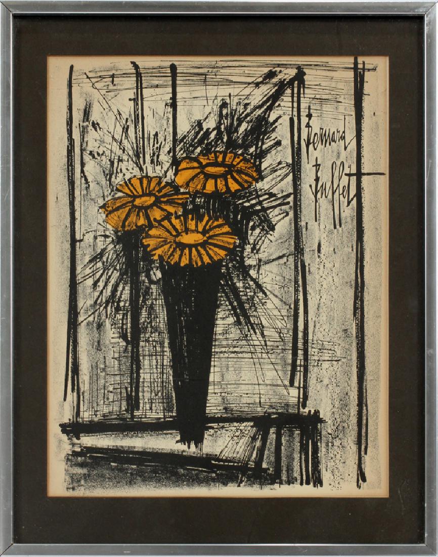 BERNARD BUFFET, LITHOGRAPH ON PAPER "FLOWERS": BERNARD BUFFET, LITHOGRAPH ON PAPER, H 11", L 8 1/2", "FLOWERS" :Matted and framed under glass. Image signed in the lithograph upper right. "Collector's Guild Ltd., New York, NY" label on verso. Metal