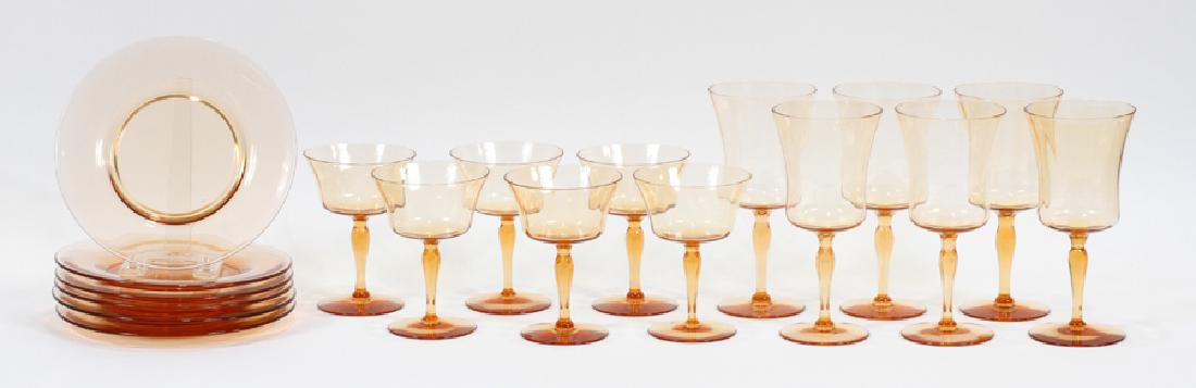 AMBER DEPRESSION GLASS STEMWARE AND PLATES, C1930: AMBER DEPRESSION GLASS STEMWARE AND PLATES, C1930, 18 PCS., H 5" & 7" (STEMWARE), DIA 7 3/8" (PLATES) :Includes six dessert plates, 7 3/8" Dia., six sherbets, 5" H. and six wine glasses, 7 3/8" H.