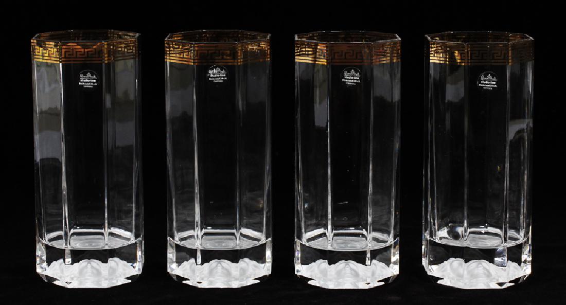 VERSACE ROSENTHAL 'MEDUSA D'OR' HIGHBALL GLASSES: VERSACE ROSENTHAL 'MEDUSA D'OR' HIGHBALL GLASSES, 4 PCS, H 6", DIA 2.5":A set of four Versace by Rosenthal highball glasses, having the 'Medusa D'or' pattern. Each piece features an octagonal shape an