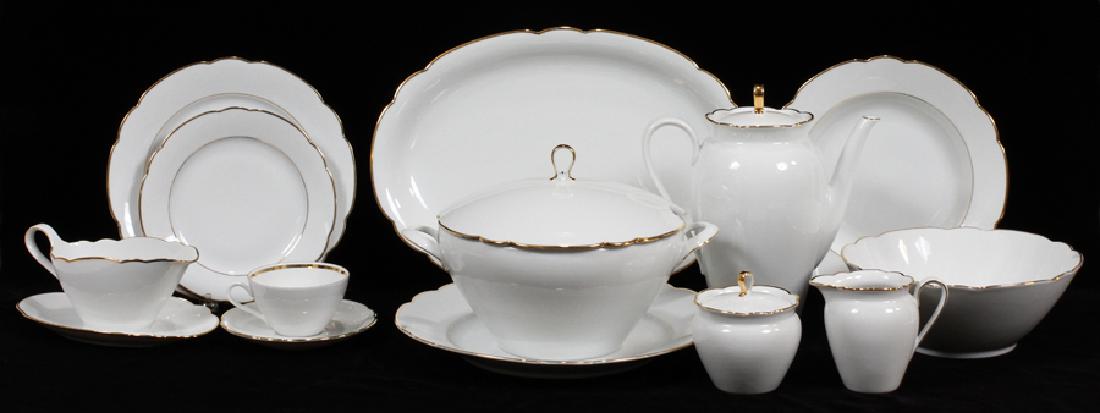 SETLMANN & WEIDEN, BAVARIA, PORCELAIN, SERVICE: SETLMANN & WEIDEN, BAVARIA, PORCELAIN, DINNER SERVICE, 86 PCS. :Dinner service is white with gold trim at the edge and the plates have a scalloped rim. 14 dinner plates, Dia. 9 1/2"; 14 dessert plates