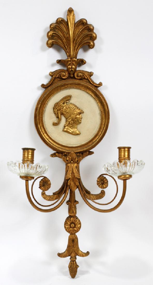 FRENCH STYLE WOOD AND GESSO TWO ARM SCONCE: FRENCH STYLE WOOD AND GESSO TWO ARM SCONCE H 22" W 10.5" :Round center medallion with knight profile. French Empire style. Crystal bobeches.