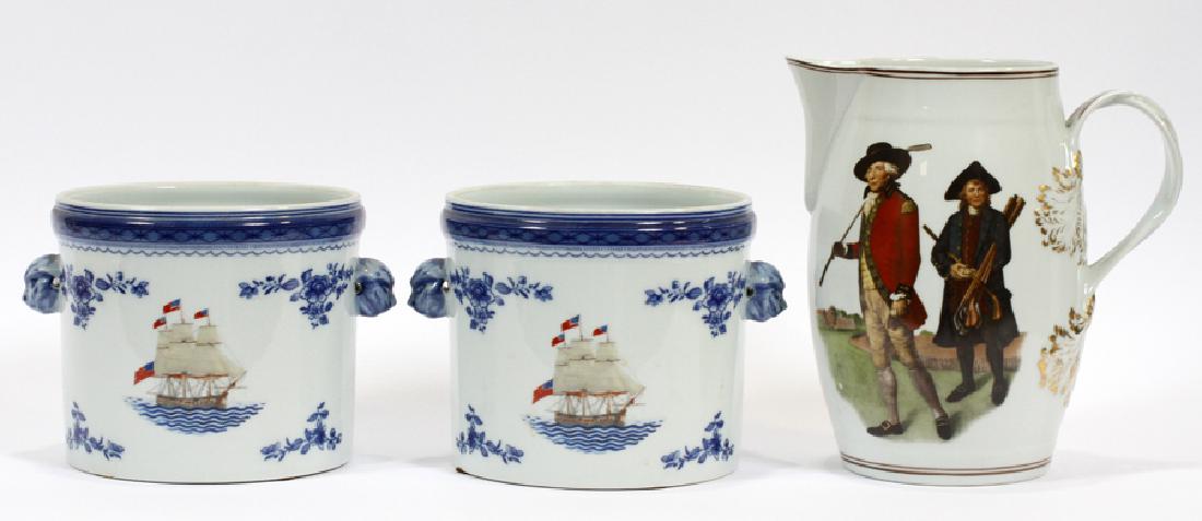MOTTAHEDEH PITCHER & CROCKS, 3 PCS: MOTTAHEDEH PITCHER & CROCKS, 3 PCS, H 6-9.5", DIA 6-7":A collection of Mottahedeh table articles. The grouping comprises of two crocks and a pitcher, that commemorates the "RJR Championship" of 1989. 