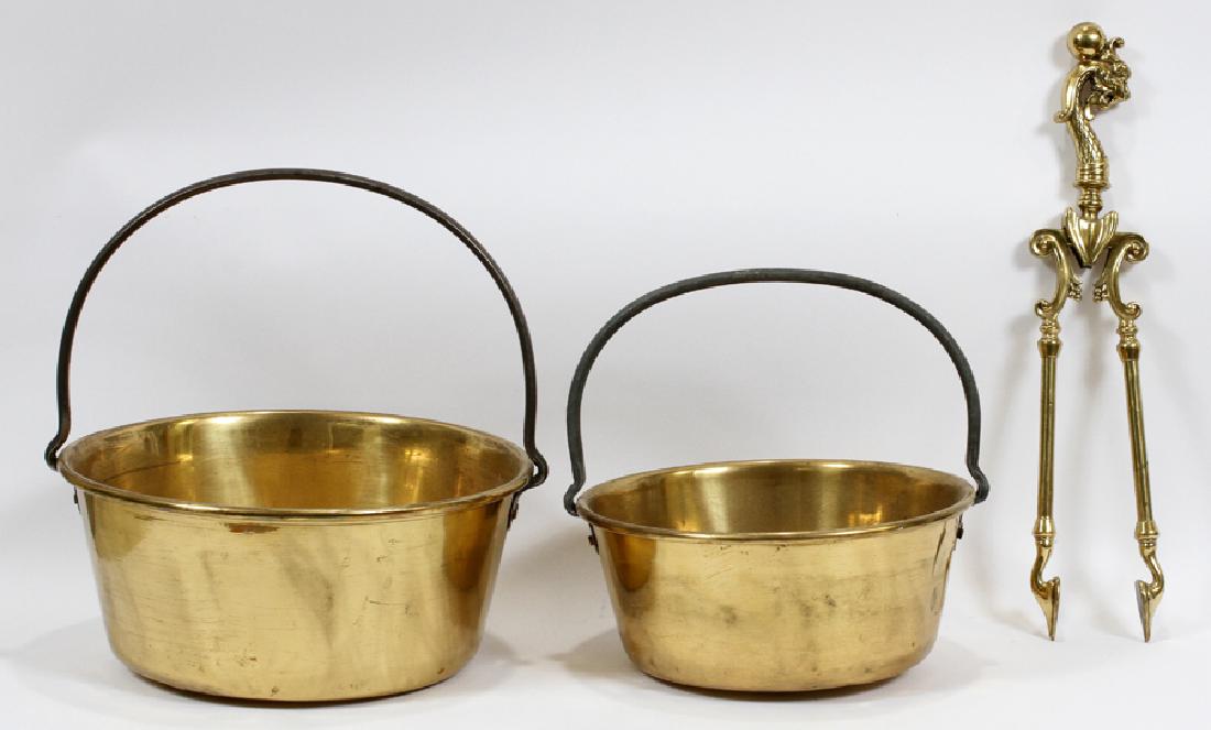 BRASS PAILS & FIREPLACE TONGS, 3 PCS: BRASS PAILS & FIREPLACE TONGS, 3 PCS, H 16", DIA 14.5":A grouping of nesting brass pails and fireplace tongs. The pails have a deep basin offering copper hardware and iron handles. The fireplace tongs