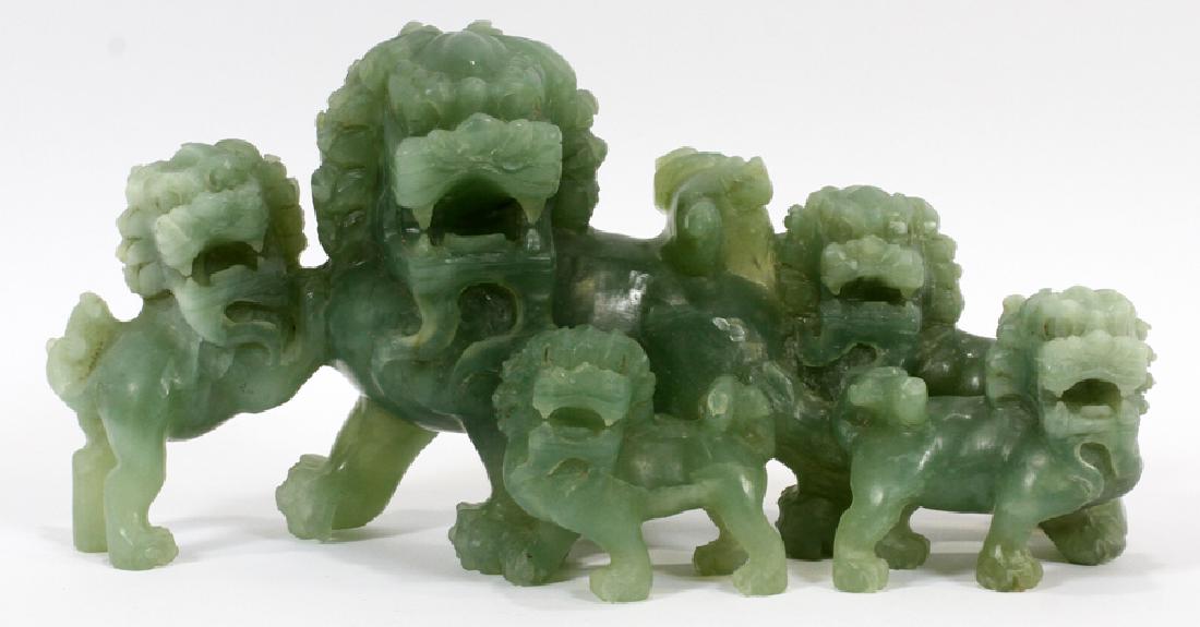 CHINESE, CARVED GREEN SOAPSTONE FOO LION FAMILY: CHINESE, CARVED GREEN SOAPSTONE FOO LION FAMILY, H 6", L 13", D 4 1/4" :.