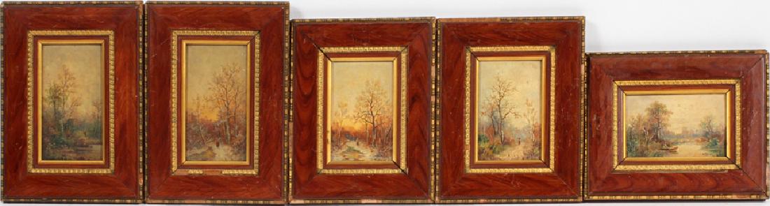 FRANZ JOSEF GEORG ILLEM OILS ON WOOD PANEL, 5: FRANZ JOSEF GEORG ILLEM (GERMAN, B. 1865), OILS ON WOOD PANEL, 5, LANDSCAPES WITH SINGLE FIGURES :Two 5.5" x 3" Frames 9" x 6.5". and signed; mahogany frames. Three 5" x 3" Frames 8" x 6.5". All are s