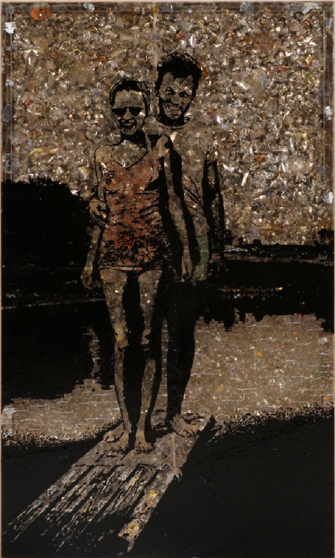 JANE HAMMOND PAINTED ACRYLIC MIXED MEDIA: JANE HAMMOND (AMERICAN, B. 1950), PAINTED ACRYLIC MIXED MEDIA, H 52", W 30 1/2", "DIVING BOARD COUPLE" :Signed and dated on verso. Unframed but mounted to a wood hanging box. Fitted wood shipping crat