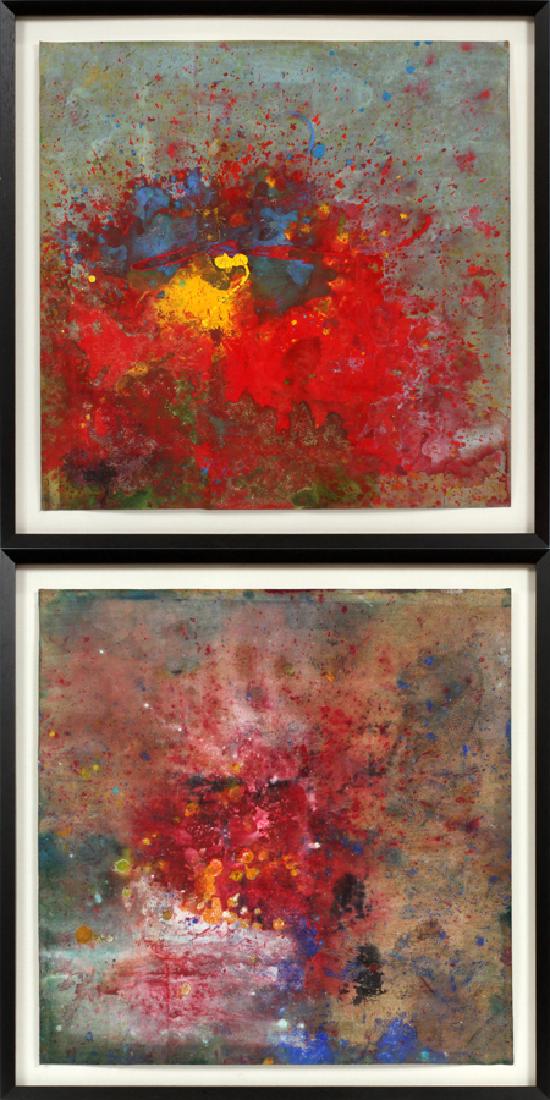 JAMALI (AQDAS HUSSEIN KAHN) PAINTINGS: JAMALI (AQDAS HUSSAIN KAHN) (PAKISTANI/AMERICAN B. 1944), PIGMENT ON CORK PAINTINGS, PAIR, H 26", W 26":One signed on verso. Framed 31" x 31".