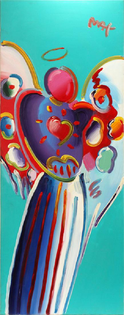 PETER MAX ACRYLIC ON CANVAS ANGEL WITH HEART: PETER MAX, B 1937, ACRYLIC ON CANVAS H 75" W 30" ANGEL WITH HEART, SIGNED, STAMPED :Signed upper right. Stamped on verso and 2008.