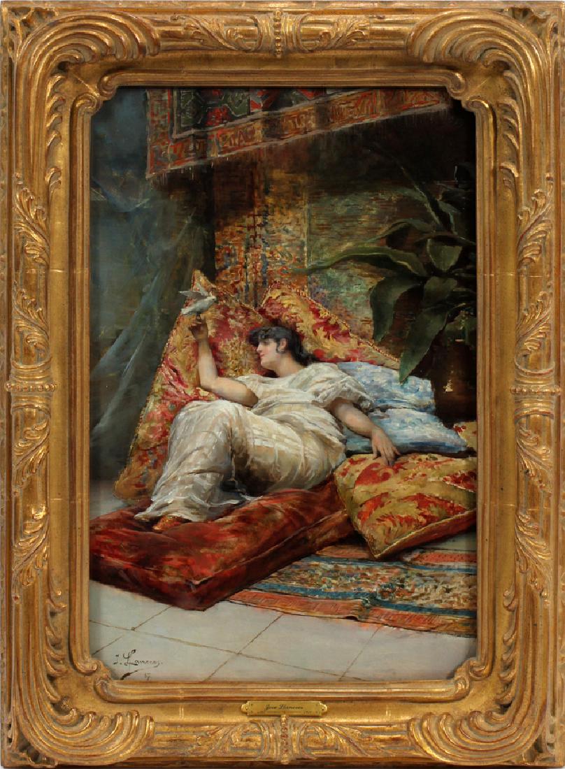 JOSE LLANECES OIL ON BOARD 1887 LADY WITH DOVE: JOSE LLANECES, SPANISH 1863 - 19, OIL ON BOARD 1887 H 21" W 14" LADY WITH DOVE :Signed left. Scene of Spanish lady reclining on multiple pillows, Quality wood frame 27" x 20".