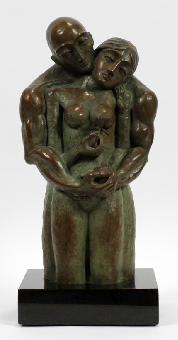 YURI YUROZ BRONZE SCULPTURE "A DELICATE BALANCE": YURI YUROZ (ARMENIAN, B. 1956), BRONZE SCULPTURE, H 18.5", W 8.5", D 7.5", "A DELICATE BALANCE" :A limited edition bronze sculpture titled "A Delicate Balance" by listed Armenian artist Yuri Yuroz. Th