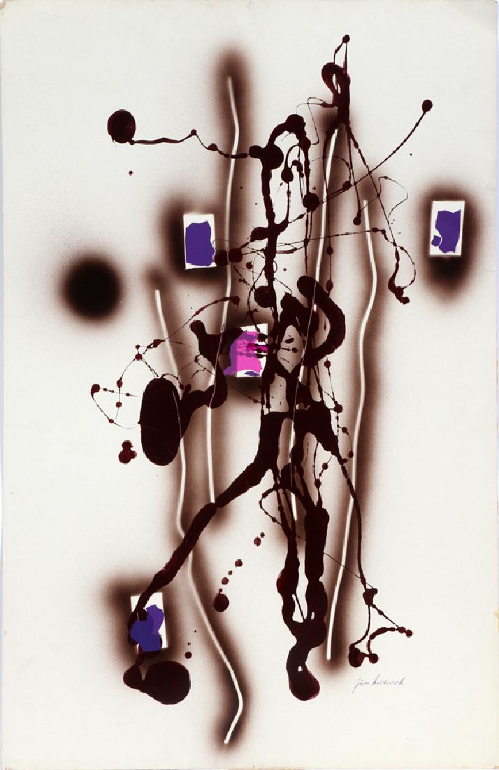 JURO KUBICEK GERMANY SURREALIST INK RELIEF PRINT: JURO KUBICEK GERMANY (1906-1970) SURREALIST INK RELIEF PRINT H 39" W 25.5" :Abstract surrealist relief print by listed artist Juro Kubicek. Relief print and airbrush technique on poster board in purpl