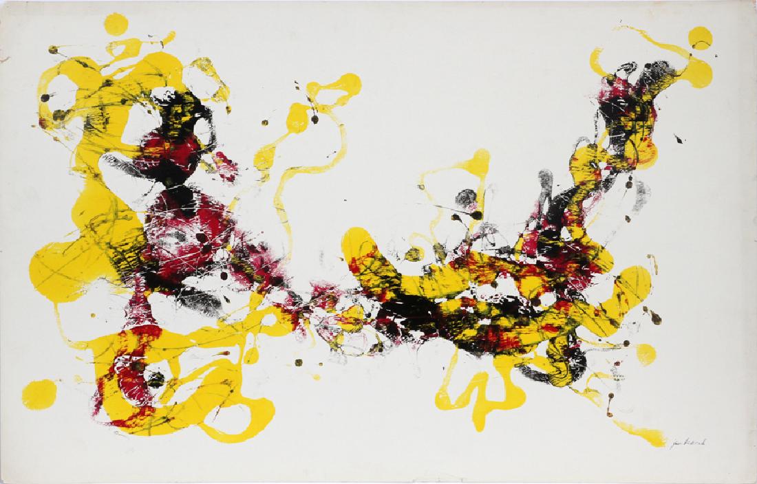 JURO KUBICEK INK, PAINT & PAPER RELIEF PRINT: JURO KUBICEK GERMANY (1906-1970) SURREALIST INK, PAINT & PAPER RELIEF PRINT 20TH C. H 39" W 25.5" :A German surrealist mixed media relief print by listed artist Juro Kubicek. Having yellow, red, and b