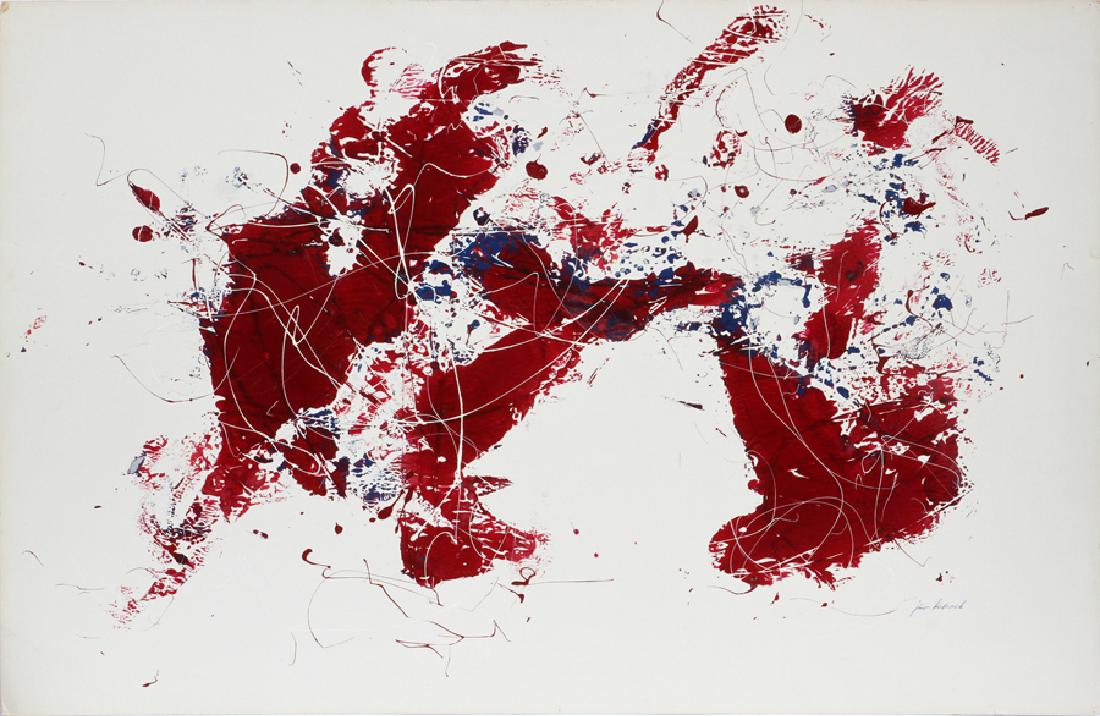 JURO KUBICEK INK & PAPER RELIEF PRINT 20TH C.: JURO KUBICEK GERMANY (1906-1970) SURREALIST INK & PAPER RELIEF PRINT 20TH C. H 39" W 25.5" :A relief print painting by German artist Juro Kubicek. Abstract surrealist theme in red, white and blue colo