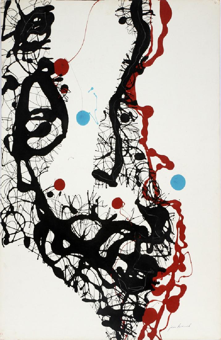 JURO KUBICEK SURREALIST INK & PAPER RELIEF PRINT: JURO KUBICEK GERMANY (1906-1970) SURREALIST INK & PAPER RELIEF PRINT 20TH C. H 39" W 25.5" :An abstract surrealist print by German artist Juro Kubicek. Having tones of rust, blue, and black. Pen signe