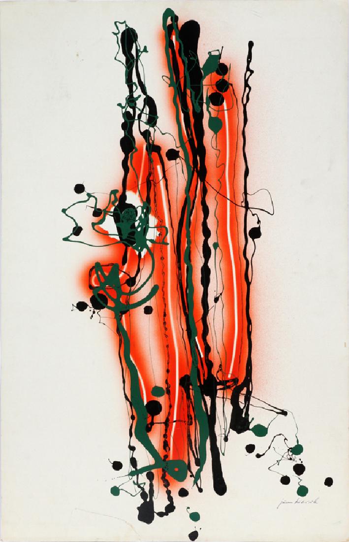 JURO KUBICEK SURREALIST INK & PAPER RELIEF PRINT: JURO KUBICEK GERMANY (1906-1970) SURREALIST INK & PAPER RELIEF PRINT 20TH C. H 39" W 25.5" :A surrealist relief print by German artist Juro Kubicek. Abstract composition in orange, green, and black in