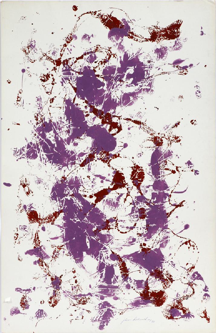 JURO KUBICEK SURREALIST INK & PAPER 20TH C.: JURO KUBICEK GERMANY (1906-1970) SURREALIST INK & PAPER 20TH C. H 39" W 25.5" 40/53 :A surrealist relief print by German artist Juro Kubicek. Abstract composition in purple and red ink. Numbered 40/53