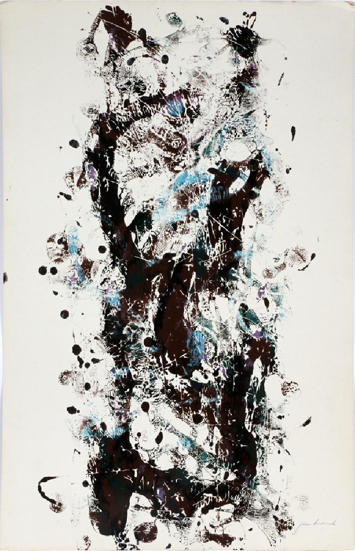 JURO KUBICEK SURREALIST INK & PAPER RELIEF PRINT: JURO KUBICEK GERMANY (1906-1970) SURREALIST INK & PAPER RELIEF PRINT 20TH C. H 39" W 25.5" :A surrealist relief print by German artist Juro Kubicek. Abstract composition in brown, black, green, purple