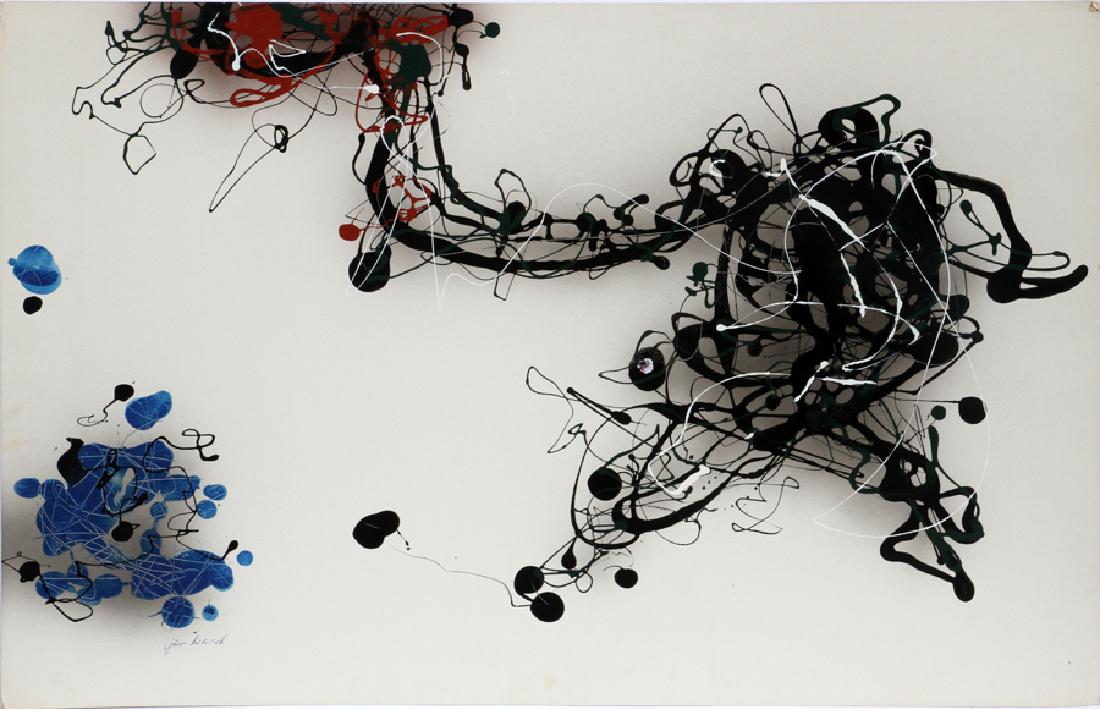 JURO KUBICEK SURREALIST INK & PAPER RELIEF PRINT: JURO KUBICEK GERMANY (1906-1970) SURREALIST INK & PAPER RELIEF PRINT 20TH C. H 39" W 25.5" :A surrealist relief print by German artist Juro Kubicek. Abstract composition in red, black, white, and blue