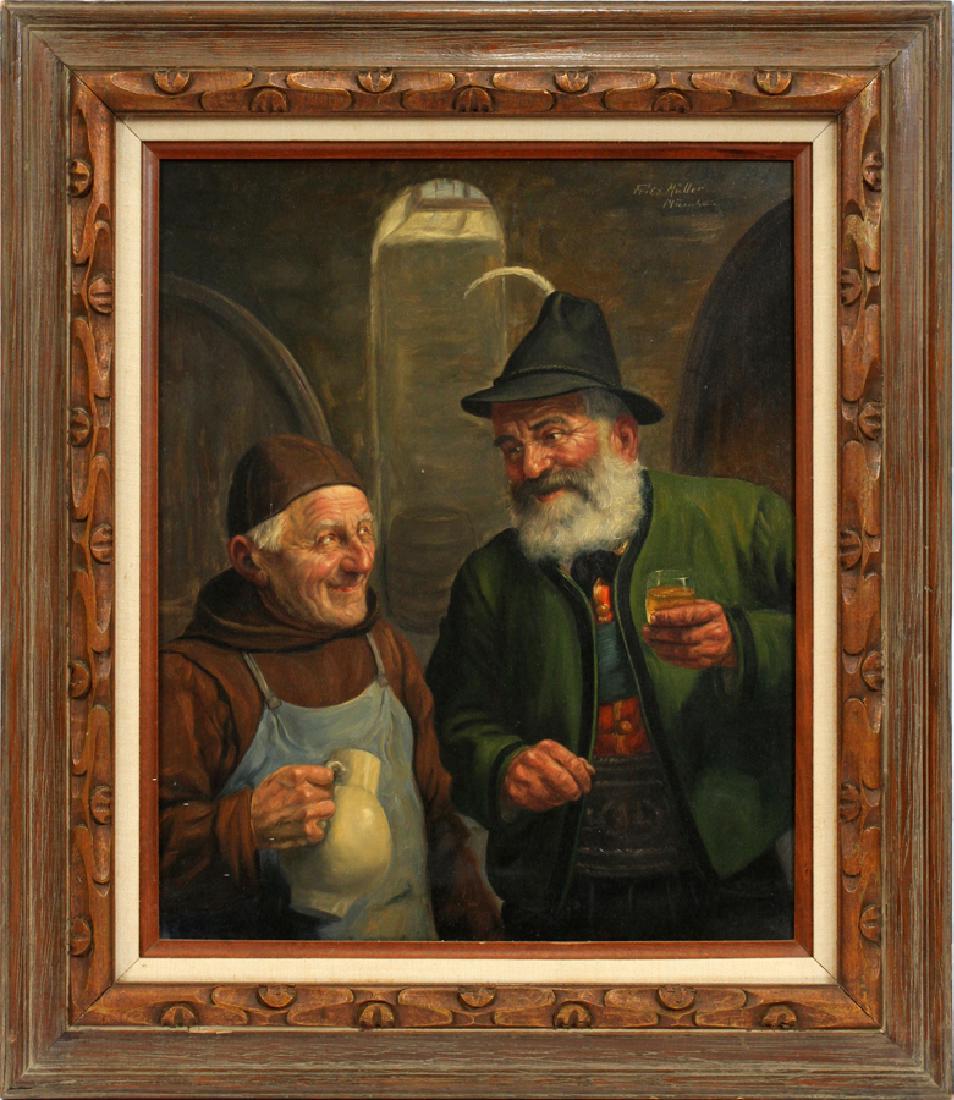 FRITZ MULLER OIL ON CANVAS TAVERN SCENE: FRITZ MULLER (GERMAN, 1913-1972), OIL ON CANVAS, H 32", W 19", TAVERN SCENE WITH MONK & PATRON :Signed upper right; framed, 32" x 28"; Viktor Maltuch materials stamp on verso of canvas.