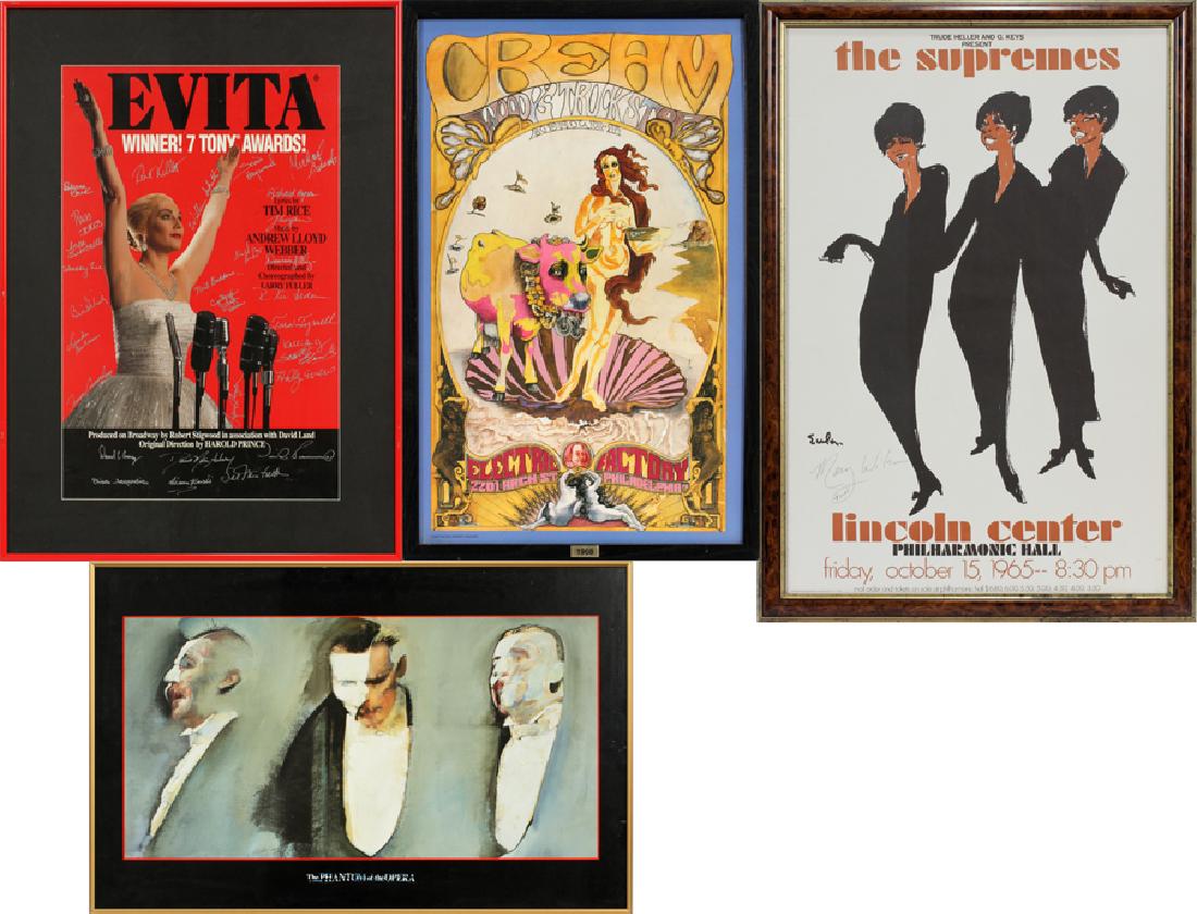 GROUPING OF FOUR POSTERS: GROUPING OF FOUR POSTERS; EVITA, PHANTOM OF THE OPERA, CREAM & THE SUPREMES CONCERT POSTER H W :Frame sizes; 28" x 20", 22" x 24", 25" x 16" & 42" x 29"
