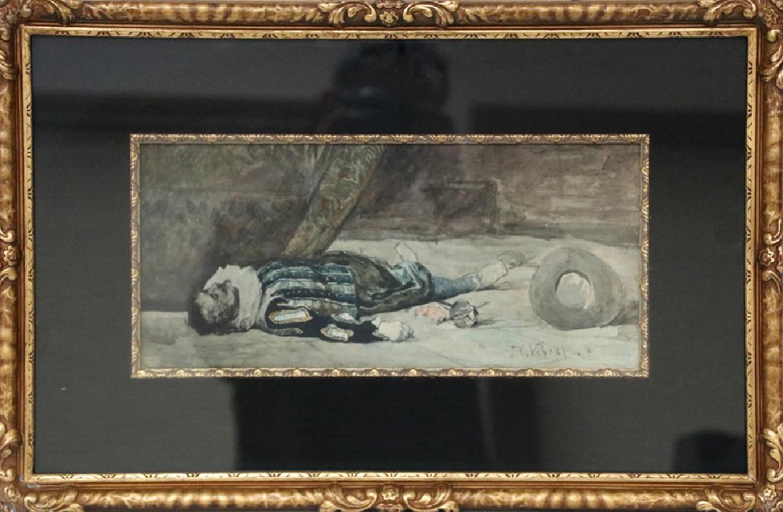 J. G. VIBERT WATERCOLOR ON PAPER: J. G. VIBERT, (FRENCH 1840-1902), WATERCOLOR ON PAPER, H 7", L 14 1/2", "THE WOUNDED CAVALIER" :A watercolor on paper by listed French artist Jehan Georges Vibert. This piece depicts a fallen cavalier