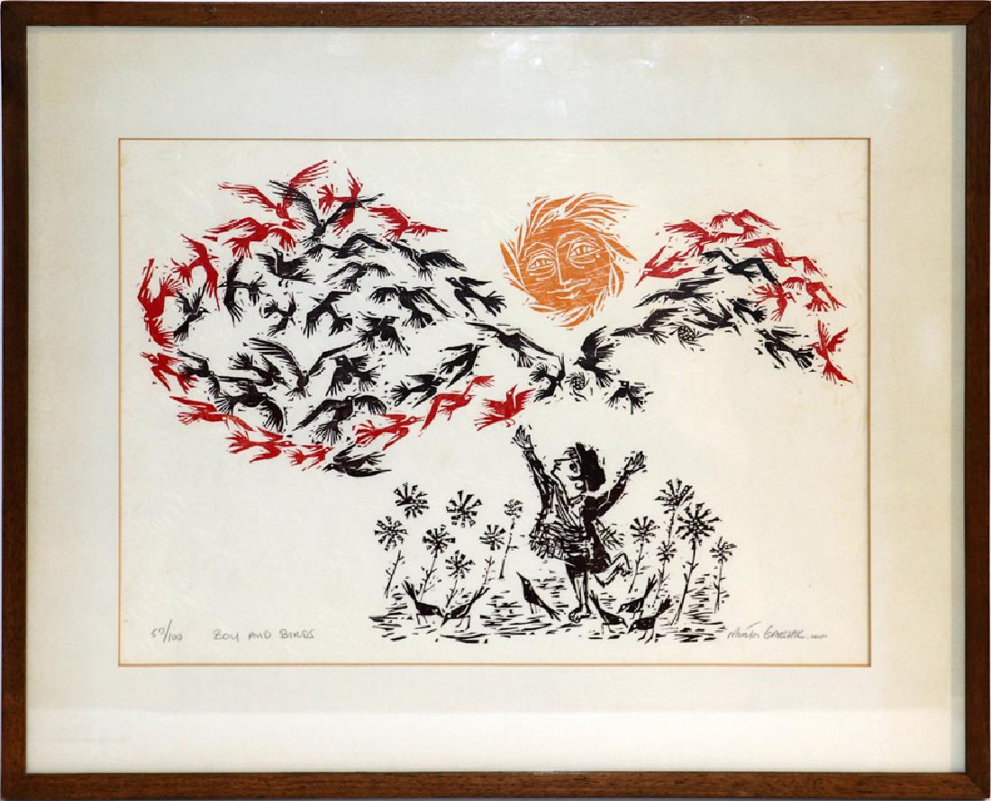 MORTON GARCHIK WOODBLOCK PRINT ON RICE PAPER: MORTON GARCHIK (AMERICAN, 1929-2009), WOODBLOCK PRINT ON RICE PAPER, H 11", L 16", "BOY AND BIRDS" :A limited edition woodblock print on rice paper titled "Boy and Birds" by listed American artist Mor