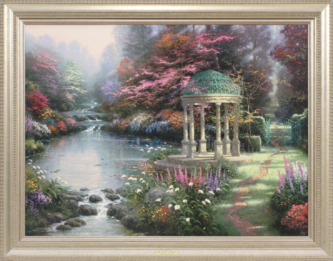 AFTER THOMAS KINKADE OFFSET LITHOGRAPH ON CANVAS: AFTER THOMAS KINKADE, OFFSET LITHOGRAPH ON CANVAS, H 25", W 34", "GARDEN OF PRAYER", #1477/1750 :A gallery proof offset lithograph on canvas of American artist Thomas Kinkade's "Garden of Prayer." Num