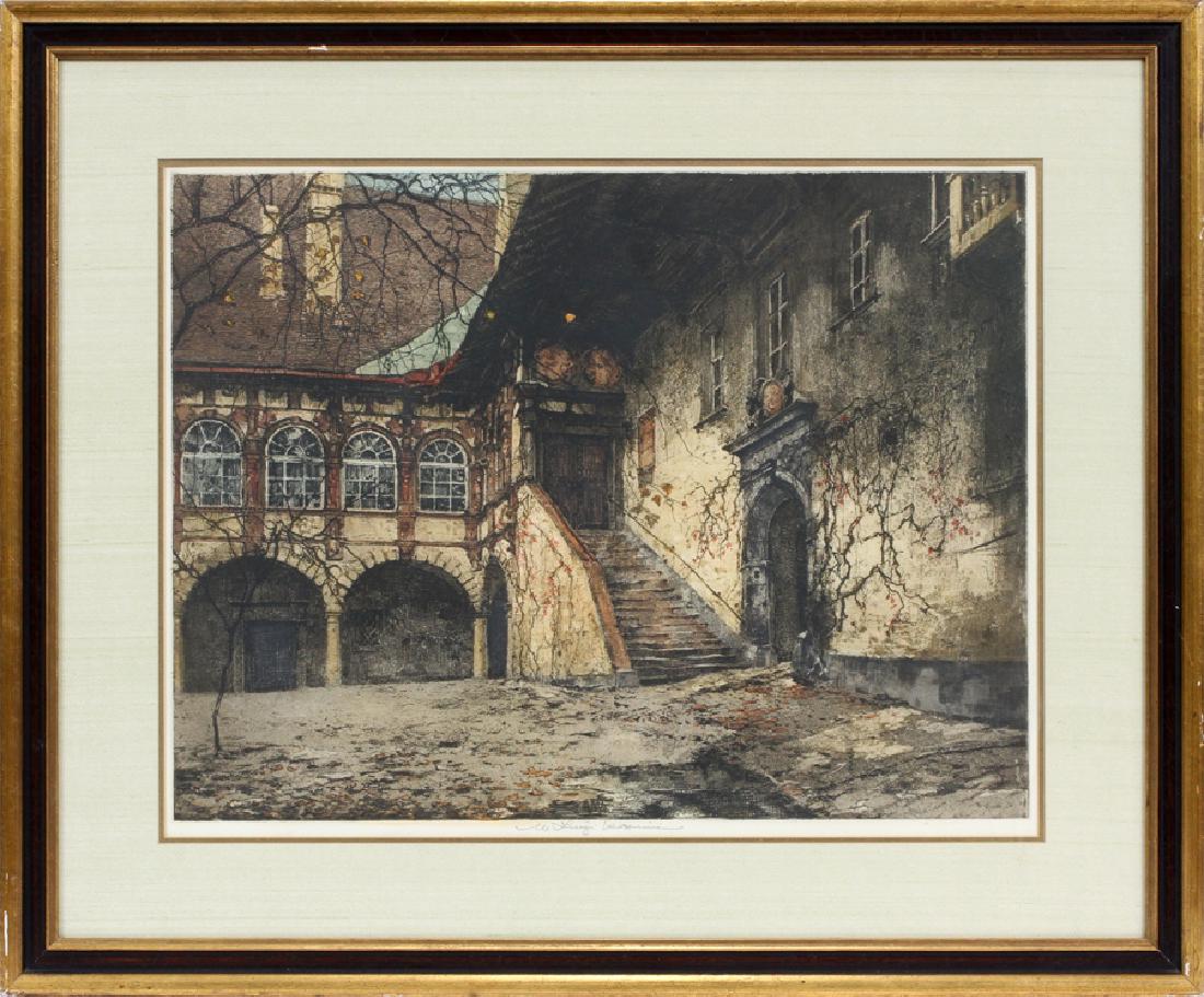 LUIGI KASIMIR ETCHING WITH AQUATINT: LUIGI KASIMIR (AUSTRIAN, 1881â€“1962), ETCHING WITH AQUATINT, PLATE SIZE: + H 17", W 22 1/2", OLD COURTYARD WITH STEPS :Pencil signed; no edition number; framed, 26" x 32".
