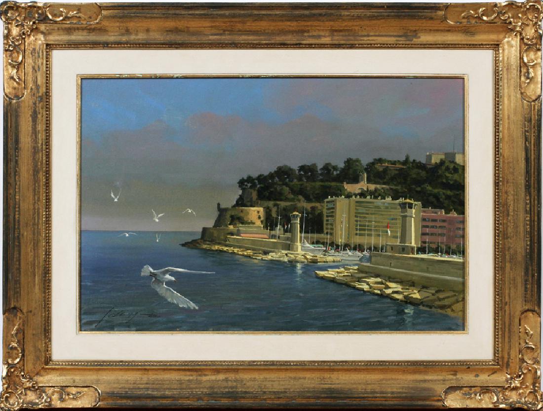 LUCIO SOLLAZZI OIL ON CANVAS EUROPEAN HARBOR SCENE: LUCIO SOLLAZZI OIL ON CANVAS, 20TH C., H 16", W 23", EUROPEAN HARBOR SCENE:Lucio Sollazzi [Italian B. 1925]. Signed lower left. Framed and matted. Size 15 3/4" X 23 1/2".