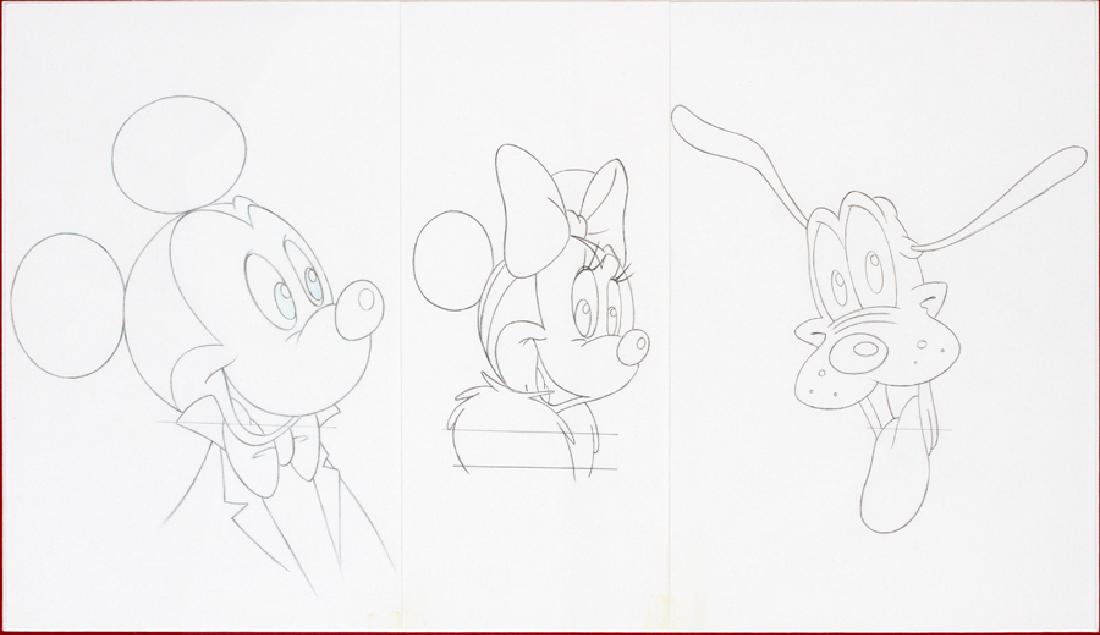 WALT DISNEY STUDIOS GRAPHITE ON PAPER: WALT DISNEY STUDIOS (20TH C.), GRAPHITE ON PAPER, THREE, 8" X 5", APPROX., IN A SINGLE FRAME:INCLUDING MICKEY MOUSE, MINNIE MOUSE, AND PLUTO, UNDER GLASS WITH A RED MAT, IN A BLACK METAL FRAME, 14 1/4