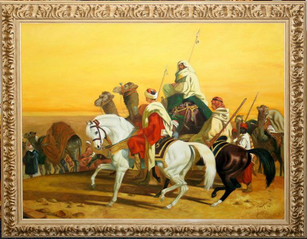 QAIS AL-SINDY OIL ON CANVAS, ARAB WARRIORS: QAIS AL-SINDY. OIL ON CANVAS, ARAB WARRIORS ON CAMELS AND HORSES, 32" X 38":Signed lower right; framed.