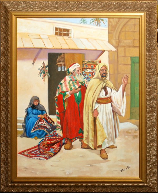 QAIS AL-SINDY OIL ON CANVAS, SHEIK W/WEAVERS,: QAIS AL-SINDY, OIL ON CANVAS, SHEIK WITH RUG WEAVERS, 22" X 18":Signed lower right; framed.