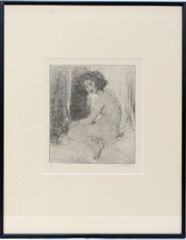 JAMES ROY HOPKINS LITHOGRAPH, WOMAN TURNING: JAMES ROY HOPKINS (US 1877-1969), LITHOGRAPH, #3/50, 8 3/8" X 7 1/4", "SEATED WOMAN TURNING LEFT":Size is image size; pencil signed; framed. Purchased at a local auction in 2005.
