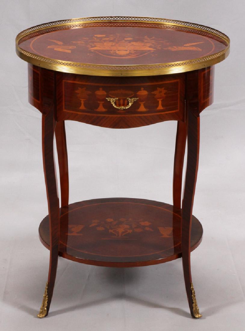 FRENCH MARQUETRY INLAY & MAHOGANY PARLOR TABLE: FRENCH, LOUIS XV STYLE, MARQUETRY INLAY, AND MAHOGANY ROUND PARLOR TABLE, DIA 23" :Having a pierced gallery about the marquetry inlay round top. Having a single drawer with inlays depicting jars and p