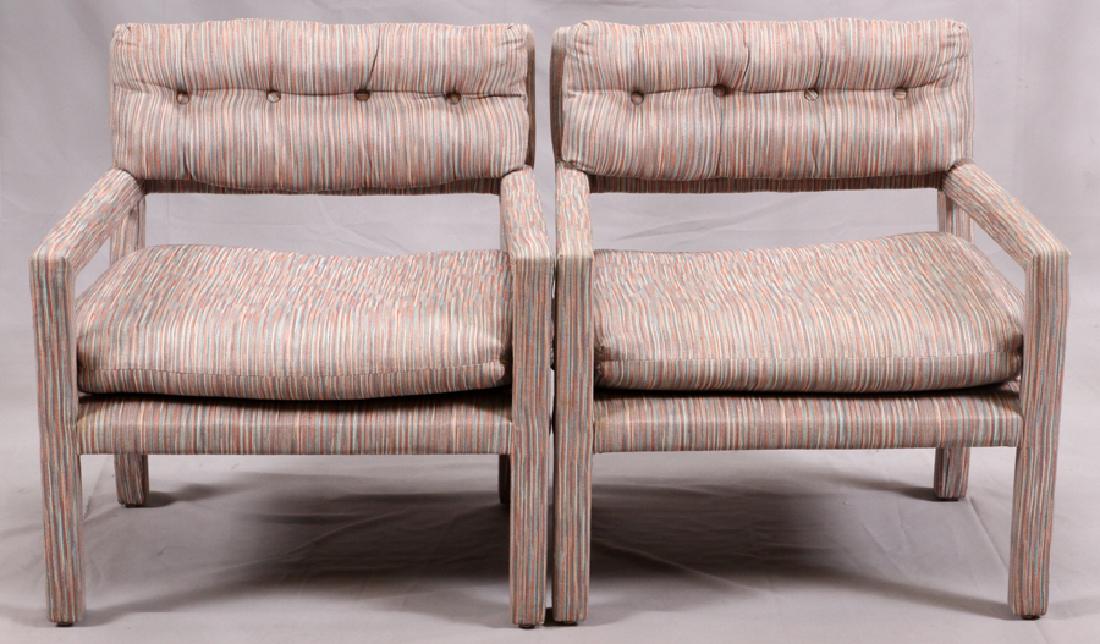 MILO BAUGHMAN, UPHOLSTERED ARM CHAIRS, C1960, PAIR: MILO BAUGHMAN, UPHOLSTERED ARM CHAIRS, C1960, PAIR, H 31", W 27" :Milo Baughman, multi-colored finely striped upholstered armchairs with a tufted backrest. Pair.
