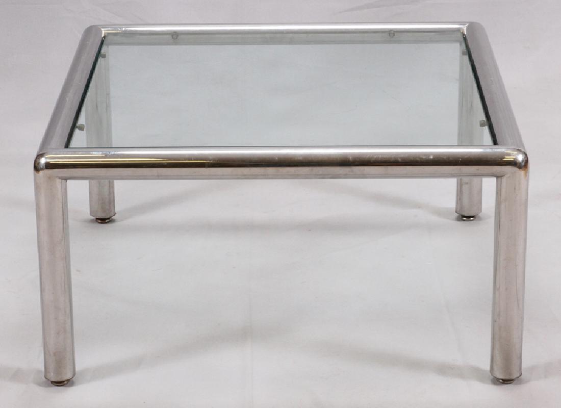 JOHN MASCHERONI 'TUBO' CHROME & GLASS TABLE: JOHN MASCHERONI DESIGNED, 'TUBO', CONTEMPORARY CHROME AND GLASS, COFFEE TABLE, BY VECTA, H 15", W 30", L 30" :John Mascheroni design, 'Tubo', mid-century modern coffee table manufactured by Vecta, hav