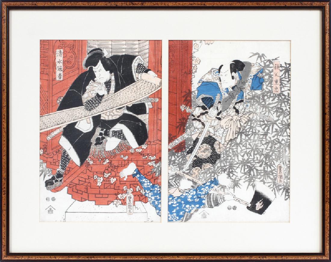 UKIYO-E KUNIYOSHI WOODBLOCK PRINT, C. 1850: UKIYO-E KUNIYOSHI (JAPAN, 1798-1861), UTAGAWA SCHOOL, WOODBLOCK PRINT, C. 1850, H 14", W 19" :An antique Japanese ukiyo-e woodblock print depicting two samurai. Red and blue color on black and white b