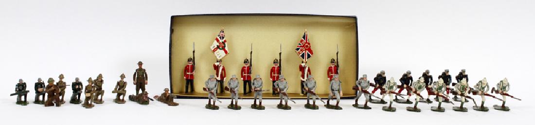 COMET METAL PRODUCTS "BRIGADIER" LEAD TOY SOLDIERS: COMET METAL PRODUCTS, "BRIGADIER", LEAD TOY SOLDIERS, WITH BOX, 40 PCS:Includes British, American and German soldiers with movable arms. One box of Blenheim Military Models, toy soldiers, 7 pcs. 40 pc