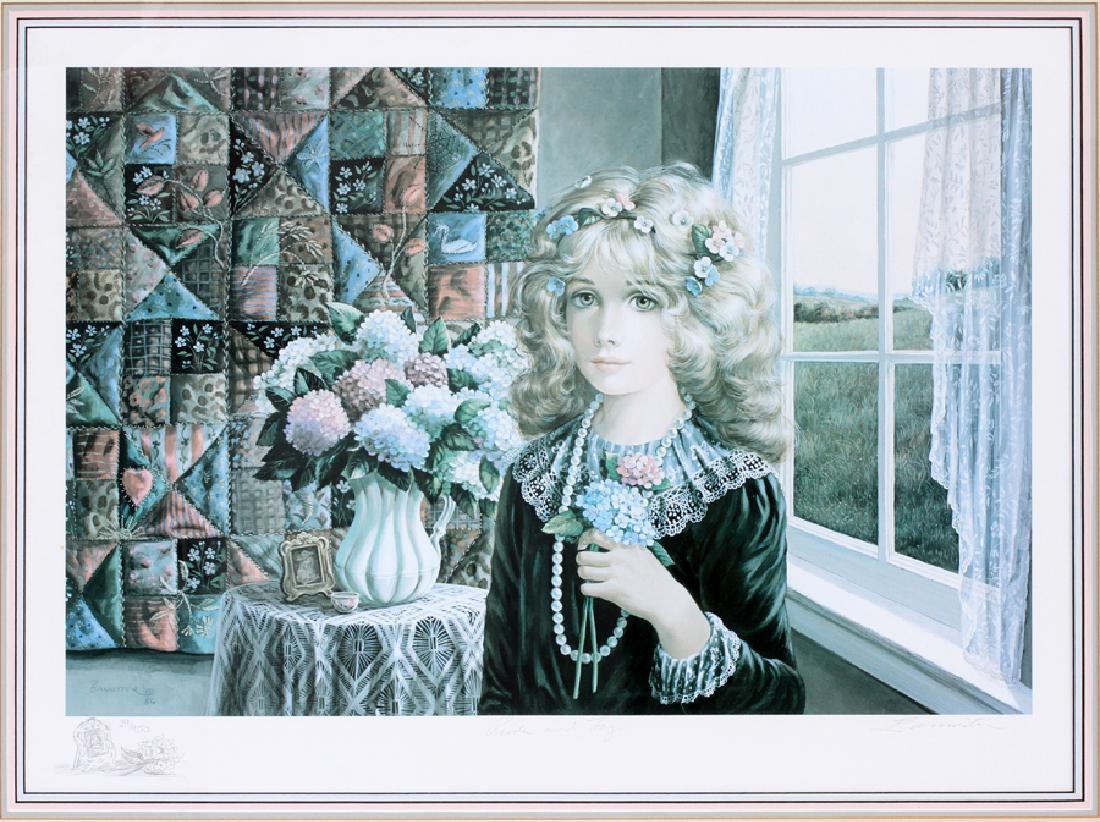 PATTI BANNISTER COLOR LITHOGRAPH, #29/950, 1984: PATTI BANNISTER, COLOR LITHOGRAPH, #29/950, 1984, H 19", W 26", "PRIDE AND JOY" :DEPICTS AN INTERIOR SCENE WITH A YOUNG GIRL, STANDING NEXT TO FLOWERS ON A TABLE WITH A HANGING QUILT ON A WALL IN THE