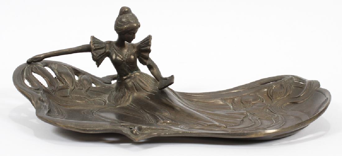 ART NOUVEAU STYLE BRONZE TRAY RECLINING LADY: ART NOUVEAU STYLE BRONZE TRAY, W 9", L 13", RECLINING LADY : From an elegant home on Shady Creek Lane, Farmington Hills.