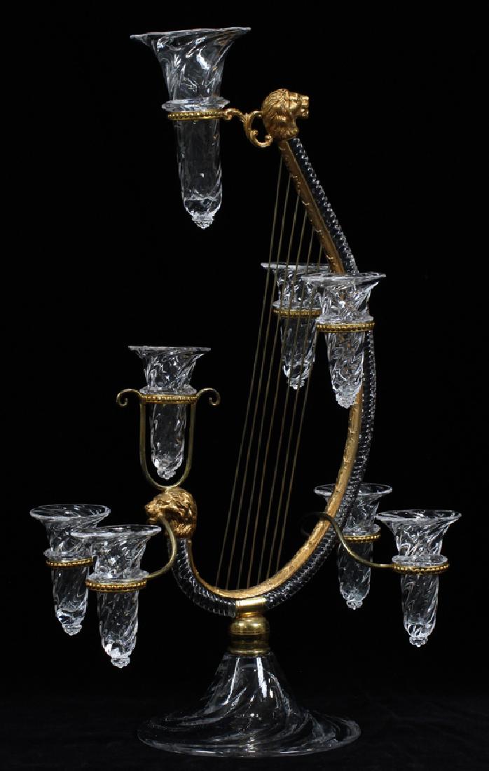 CONTINENTAL BLOWN GLASS & BRONZE D'ORE EPERGNE: CONTINENTAL HARP FORM BLOWN GLASS & BRONZE D'ORE EPERGNE 19TH C. H 17.5" DIA 10" :A late Victorian bronze d'ore and blown glass epergne. Having seven removable glass cups. Having a harp form with wire