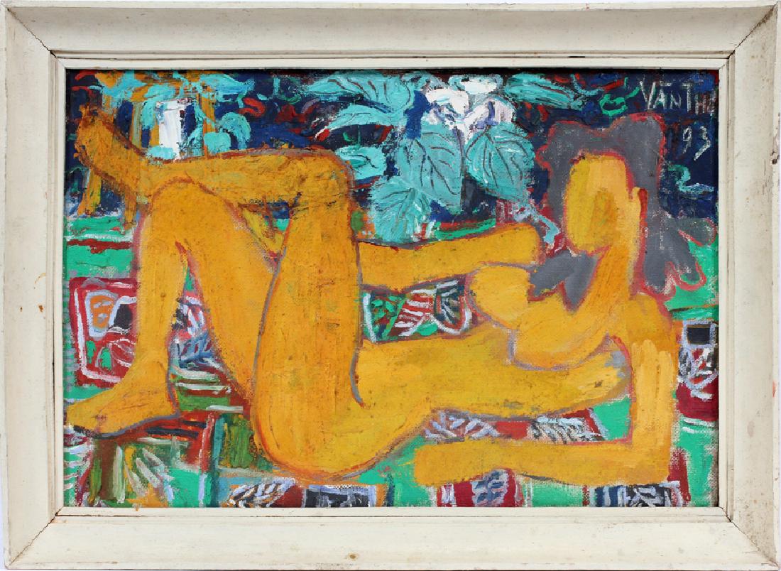 VARITHO MODERN ABSTRACT OIL ON CANVAS, 1993: VARITHO, MODERN ABSTRACT OIL ON CANVAS, 1993, H 15 1/4", W 23 3/4", RECLINING FEMALE NUDE :Vietnamese artist; signed and dated upper right; original frame.