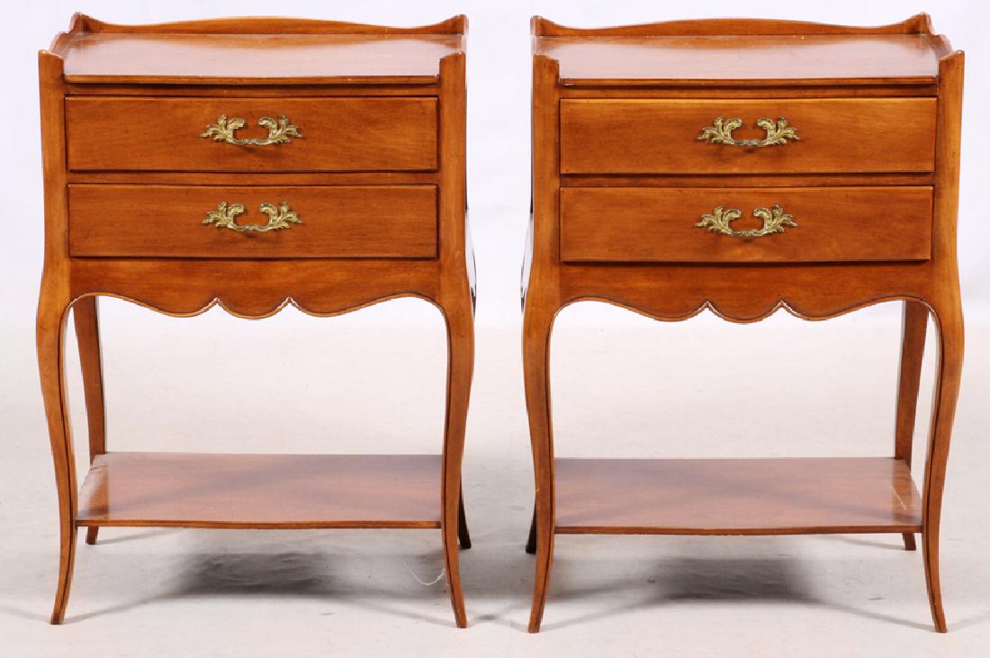 BODART FRENCH STYLE WALNUT LAMP TABLES, PAIR: BODART FRENCH STYLE WALNUT LAMP TABLES, PAIR, H 28", W 20", D 12" :Walnut. Two drawers. From the Estate of Duncan MacLeod.