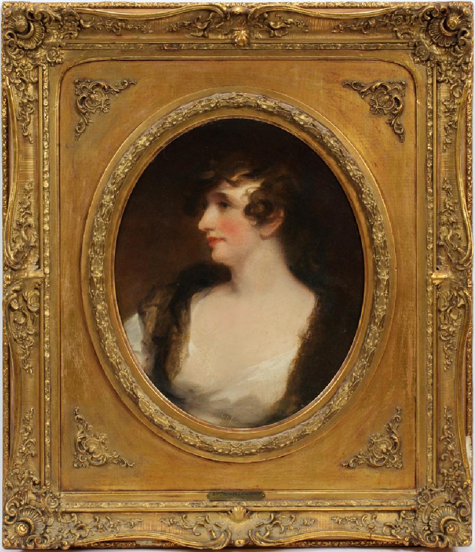 ATTRIBUTED TO SIR THOMAS LAWRENCE OIL ON CANVAS: ATTRIBUTED TO SIR THOMAS LAWRENCE (ENGLISH, 1769-1830), OIL ON CANVAS, H 21", L 16.5" UNTITLED PORTRAIT :A significant oil on canvas with attribution to prominent English artist, Sir Thomas Lawrence. 
