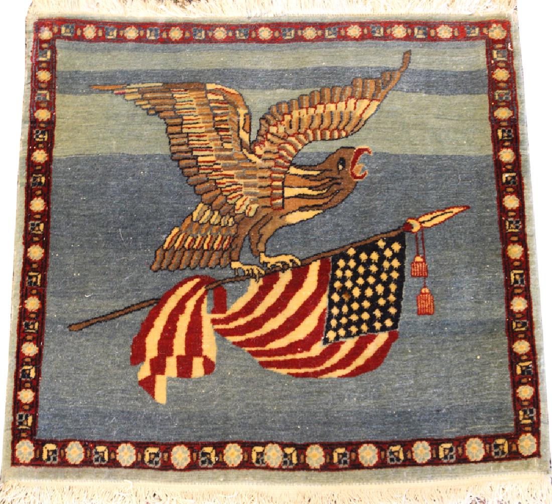 ANTIQUE PERSIAN KASHAN HANDWOVEN WOOL RUG: ANTIQUE PERSIAN KASHAN HANDWOVEN WOOL RUG, W 1' 7", L 1' 9" :An antique Persian Kashan Pictorial rug depicting an eagle clutching a 48 star American flag.