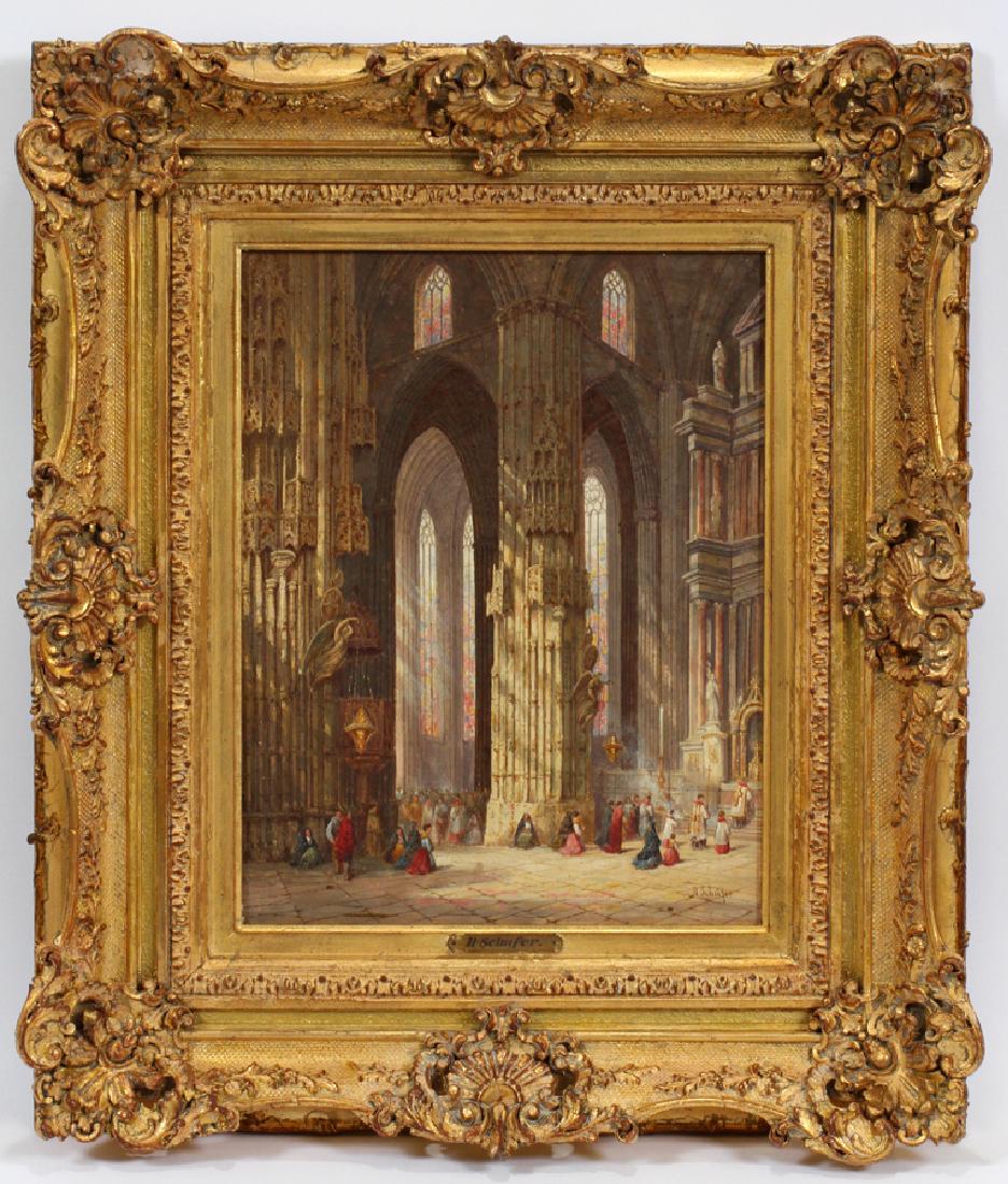 HENRY THOMAS SCHAFER OIL ON CANVAS: HENRY THOMAS SCHAFER [BRITISH, 1854-1915] OIL ON CANVAS, H 18", W 14", INTERIOR OF THE CHURCH OF SAN MIGUEL :An oil on canvas depicting an interior scene of the Church of San Miguel, Xeres de la Front