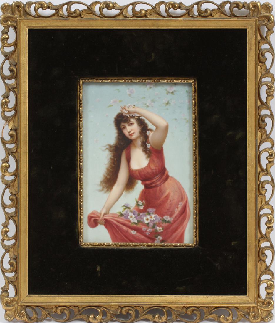 GERMAN KPM HAND-PAINTED PORCELAIN PLAQUE: GERMAN KPM HAND-PAINTED PORCELAIN PLAQUE, CA. 1880, H 9", L 6 1/4":A German KPM hand-painted porcelain plaque, probably from 1880. This piece depicts an allegorical young woman immersed in spring flow