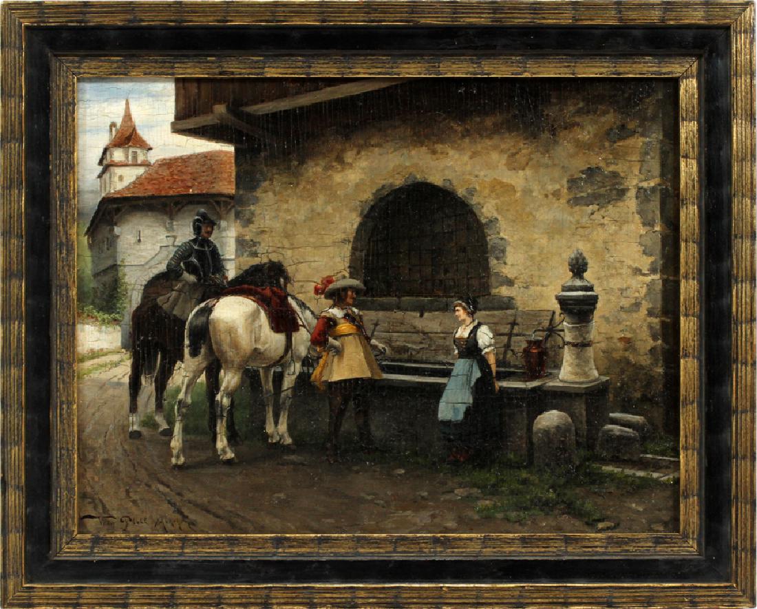 VICTOR PLOLL OIL ON WOOD PANEL: VICTOR PLOLL (MUNICH, GERMANY, 19TH C.), OIL ON WOOD PANEL, H 8", W 10.3", CAVALIER COURTING MAIDEN :Signed. Frame 10.5" x 13". Signed Victor Ploll, Munchen. Figure in armor on horseback and cavalier 