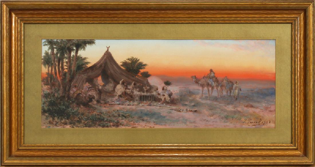 PAUL PASCAL ORIENTALIST WATERCOLOR: PAUL PASCAL (FRENCH, 1832â€“1903), ORIENTALIST WATERCOLOR, DATED 1902, H 9 3/4", W 25 1/2" :Depicting a Middle Eastern desert encampment. Framed and matted under glass. The image size is Height 9
