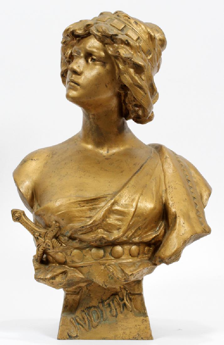 RICHARD AURILI PAINTED BRONZE SCULPTURE BUST: RICHARD AURILI (ITALIAN, 1834-1914), PAINTED BRONZE SCULPTURE BUST, H 21 1/2", W 13", "JUDITH" :Signed.